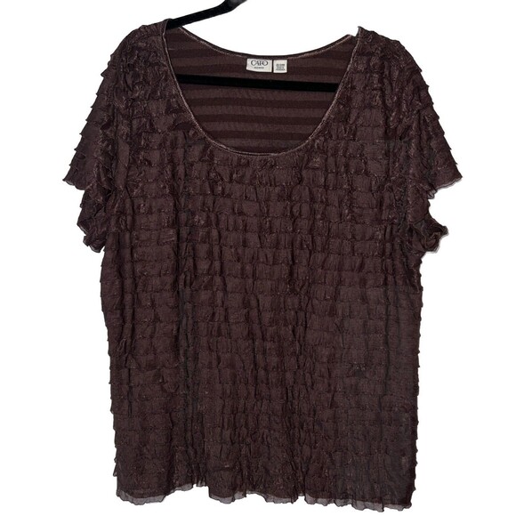 Cato Women Top 22/24W Short Sleeve Scoop Neck Stretch Brown Ruffle Tiered - Picture 1 of 11